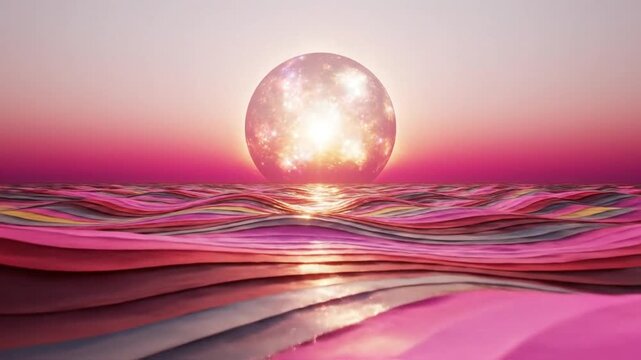 Dramatic sunset over ocean waves with three glowing orbs reflecting on water surface 4k video
