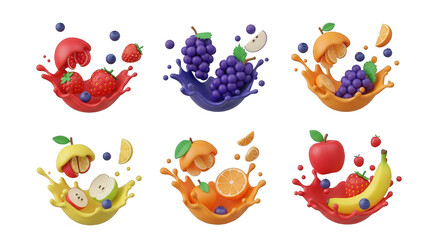 Obraz premium 3d render of fruit splashing different types on a white background food or beverage visuals