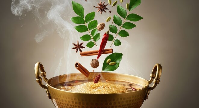 Green curry leaves and spices drop into a steaming brass pot of traditional soup, creating aromatic bubbles and swirling clouds of steam, fresh, spices, pepper