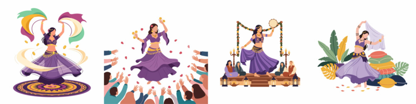 Collection of illustrations featuring beautiful belly dancers in traditional costumes performing with veils, tambourines, and cymbals in various festive settings.
