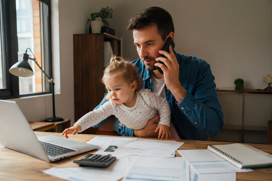 Busy Young Father Multitasking in Home Office Working on Laptop and Talking on Mobile Phone While His Toddler Daughter Sits on His Lap Reaching for the Computer