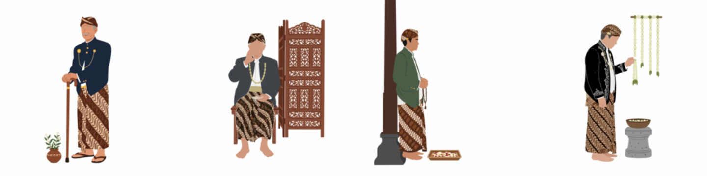 Flat Illustration Set of Javanese Men in Traditional Batik Attire Performing Various Cultural Rituals and Ceremonial Practices