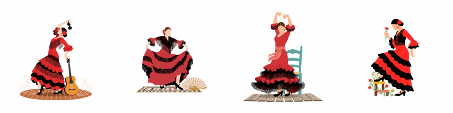 Set of four elegant flamenco dancer illustrations in traditional red and black costumes performing various Spanish dance poses isolated on white.