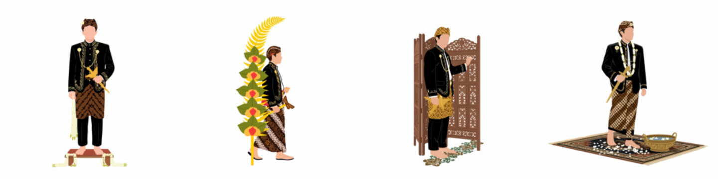 A collection of illustrations depicting a groom in traditional Javanese wedding dress performing cultural rituals like Injak Telur and carrying Kembar Mayang.
