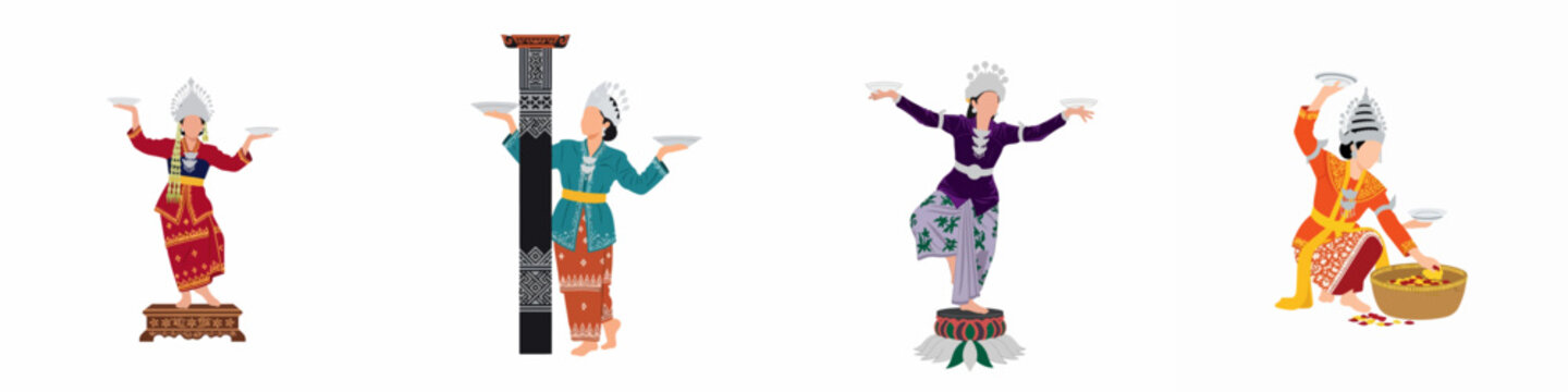 Set of Indonesian Tari Piring traditional plate dancers in colorful Minangkabau costumes, flat vector illustration isolated on white background.