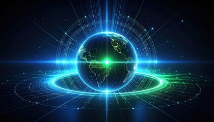 Obraz premium A digital rendering of planet Earth encompassed by radiating beams of light and data streams