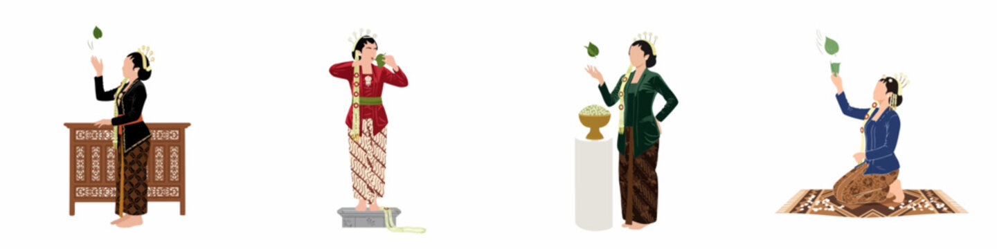 Set of Indonesian Javanese women in traditional kebaya and batik performing cultural wedding rituals like balangan suruh, flat vector illustration on white background.