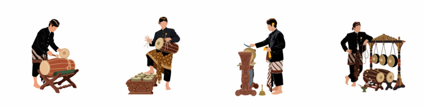Set of vector illustrations depicting Javanese men in traditional attire playing various gamelan musical instruments, including kendhang and gongs, on a white background.