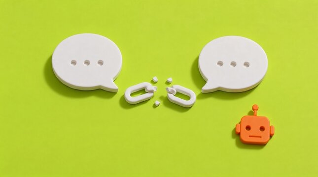 3D minimalist concept of communication failure and disconnected dialogue with broken chain and AI robot icon on green background.