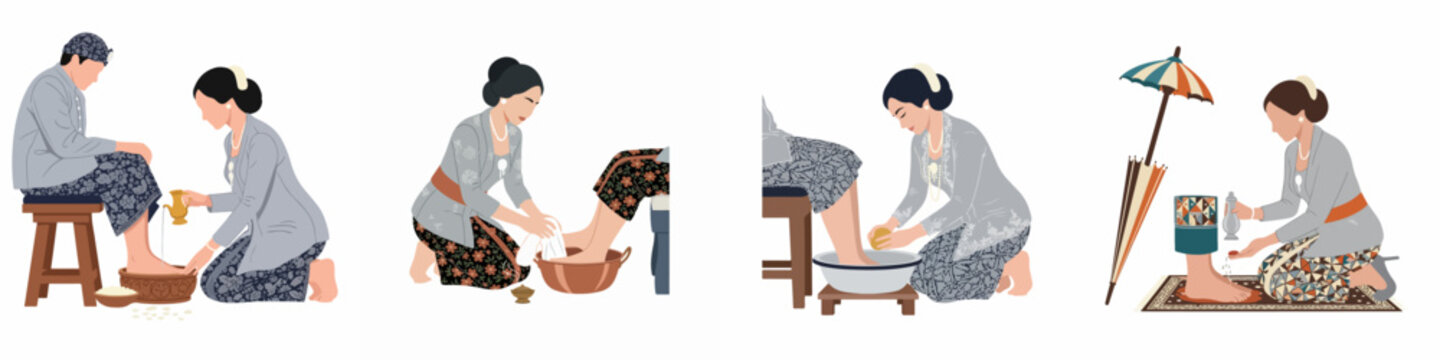 Traditional Javanese Wedding Ritual Illustration Set Showing the Bride Washing the Groom's Feet in Various Poses
