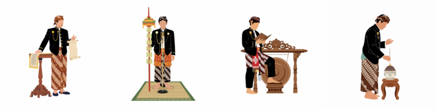 Set of illustrations depicting a man in traditional Javanese attire performing various cultural and ceremonial activities on a white background.