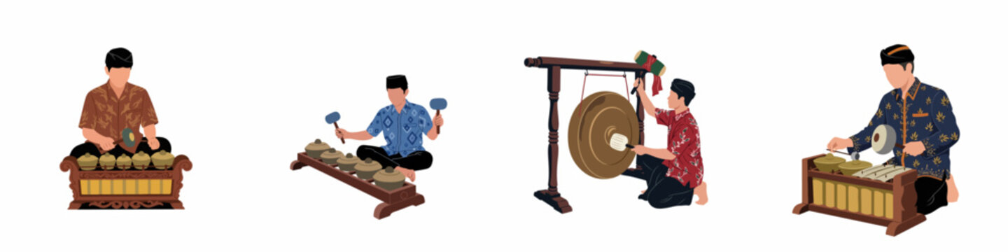 Set of illustrations depicting musicians playing traditional Indonesian Gamelan instruments including gong and bonang in batik attire.