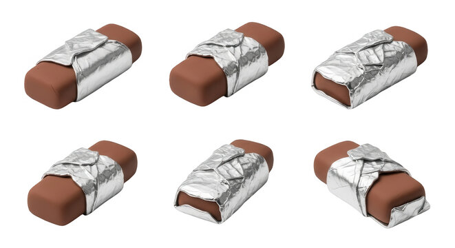 various angles of brown and silver erasers mimicking candy bars on a clean white background a concept for artistic purposes