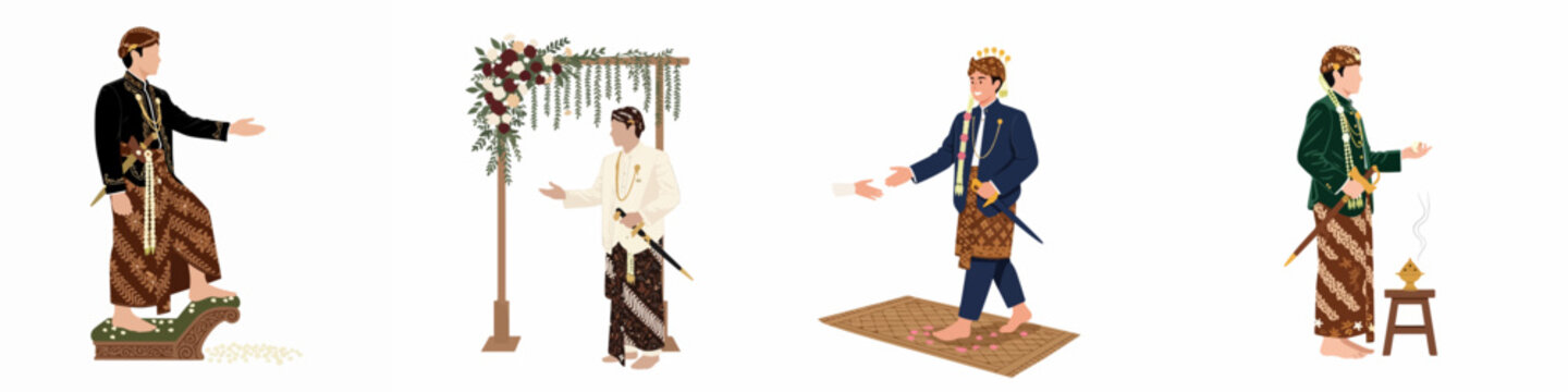 Set of flat illustrations depicting a Javanese groom in traditional wedding attire participating in various cultural rituals and ceremonies.