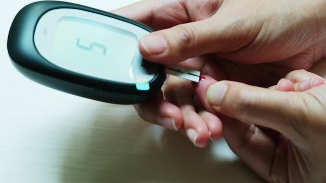 Woman's hands checking diabetes and hyperglycemia with digital blood sugar meter. Healthcare and medical concept	