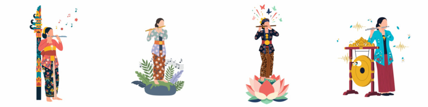 Collection of Indonesian women in traditional kebaya and batik playing the suling flute, showcasing cultural heritage, traditional music, and ethnic art elements.