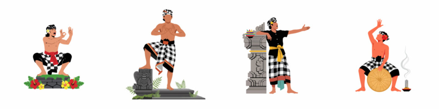 Vector set of Balinese men in traditional attire performing cultural dances and ceremonies, including Kecak dance poses and ritual activities in Bali, Indonesia.