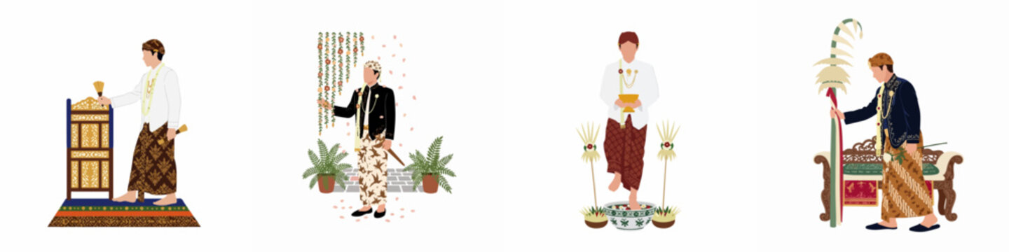 Set of Illustrations Depicting Traditional Javanese Wedding Rituals for the Groom in Traditional Attire