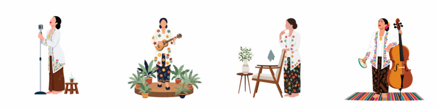 Illustrations of women in traditional Indonesian Kebaya and Batik performing music and posing in various elegant indoor settings.