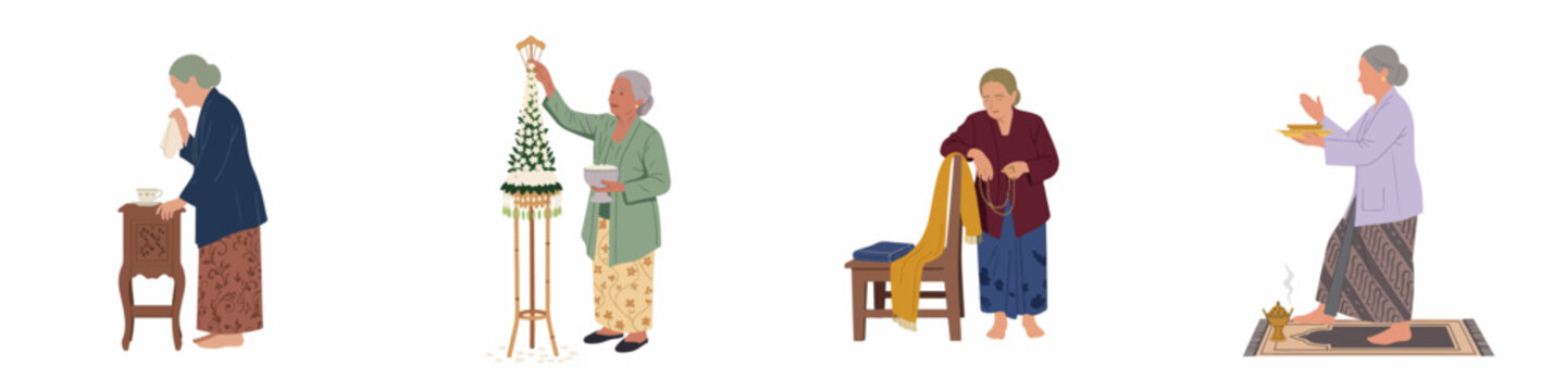 Set of elderly Southeast Asian women in traditional attire performing cultural rituals, praying, and tending to offerings in a flat illustration style.