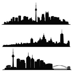 Obraz premium City skyline silhouettes collection featuring diverse urban landscapes with skyscrapers towers and bridges in black and white minimalist vector art