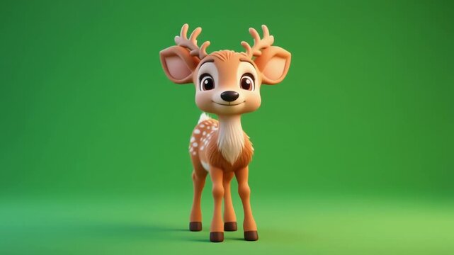 A cartoon deer with large eyes and small antlers stands on green