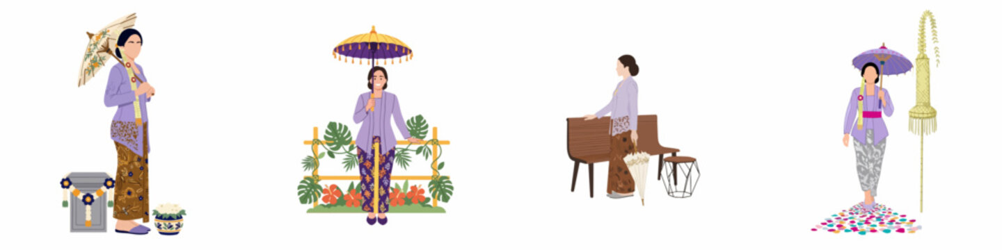 Set of illustrations depicting a woman in traditional Indonesian kebaya and batik attire with cultural elements like umbrellas, flowers, and decorations.