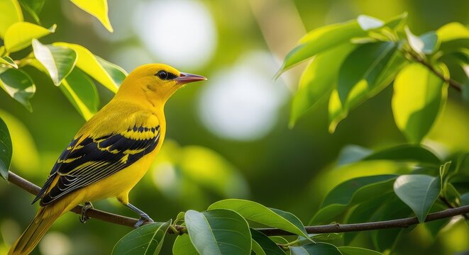 Vibrant male golden oriole with bright yellow plumage and black wings perched on a green branch amidst dense summer foliage in the forest, summer, eye, outdoor