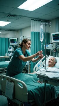 Caring Nurse Attends Patient In Hospital Room Providing Medical Care
