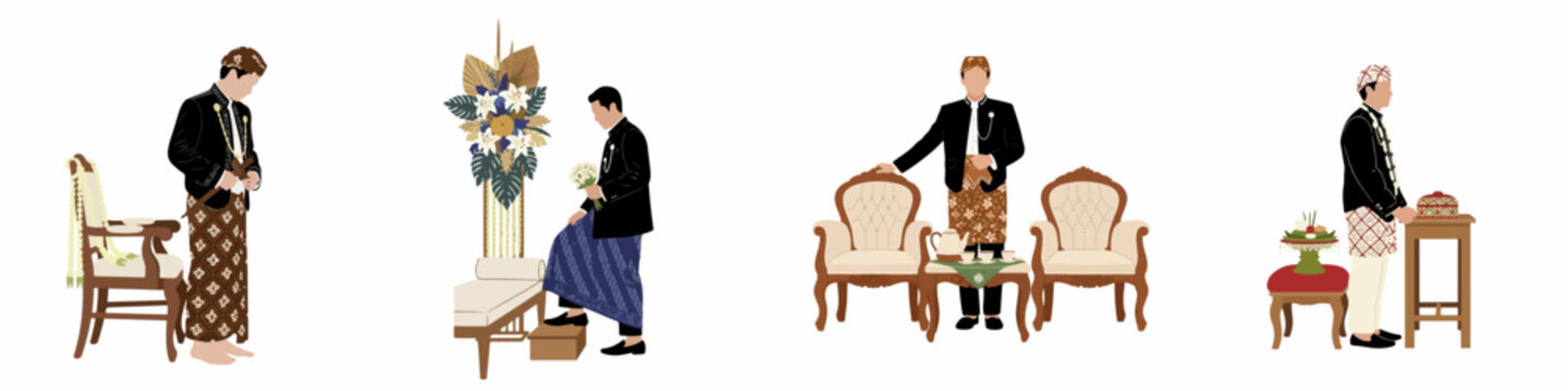 Set of Illustrations Depicting Grooms in Traditional Javanese Wedding Attire and Ceremonial Settings