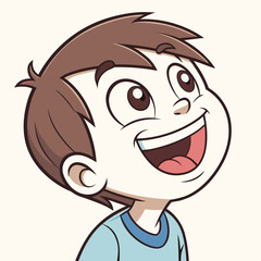 Happy cartoon boy laughing with big eyes and brown hair wearing light blue shirt looking up on white background vector illustration for children