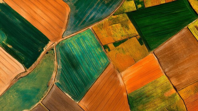 84.Bird eye view of cultivated farmland arranged in rectangular and irregular shapes, contrasting crop colors, nature patchwork concept, minimalistic aerial landscape photography