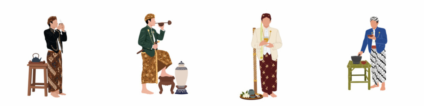 Flat illustrations of men in traditional Javanese clothing performing cultural activities like drinking herbal medicine and wedding rituals on white background.
