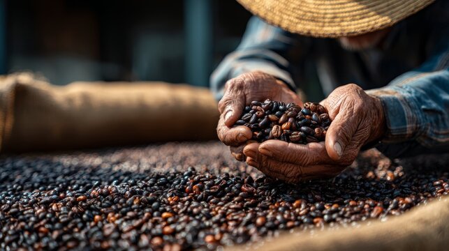 78.Coffee farmer examining dried beans at an outdoor drying area, hands lifting and tossing beans, authentic farm work atmosphere