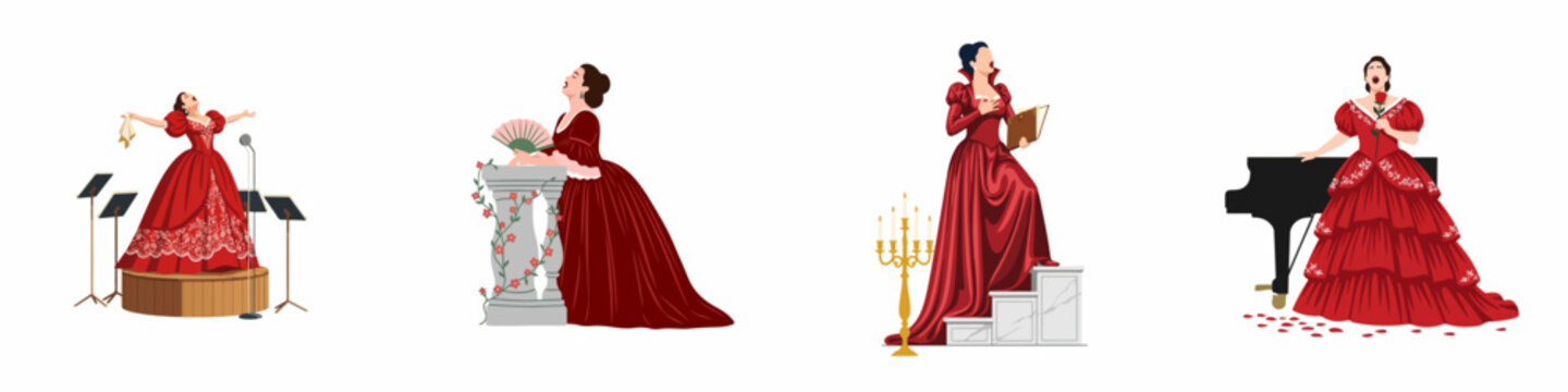 Set of four female opera singers in elegant red gowns performing on stage, by a piano, and in classical settings on a white background.
