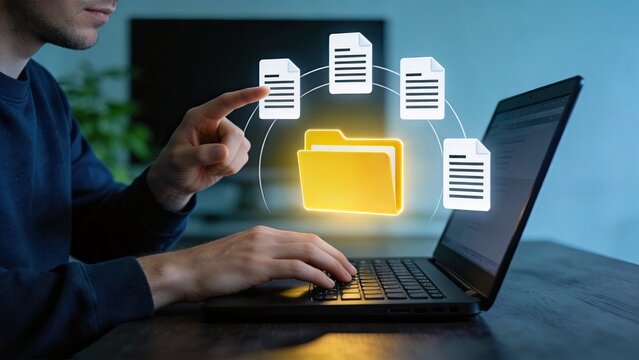 Digital file management and organization concept, glowing yellow folder icon surrounded by document files, cloud storage technology, database administration, information archiving