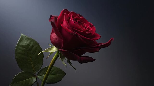 Single long-stemmed red rose against a dark moody background.