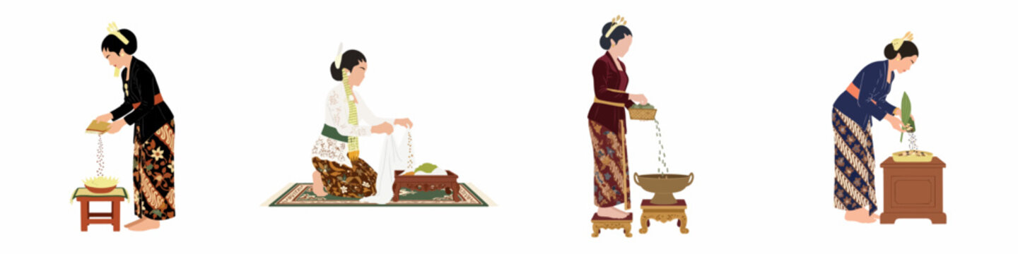 Set of four illustrations showing Javanese women in traditional kebaya and batik performing Indonesian wedding rituals and ceremonies on a white background.