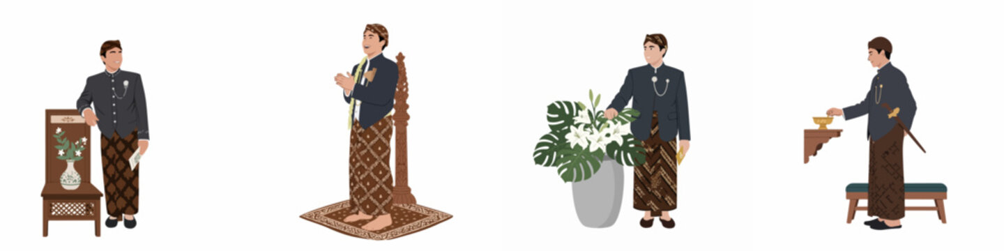 Vector set of a man in traditional Javanese wedding attire Beskap and Batik, showcasing different poses and cultural elements on a white background.