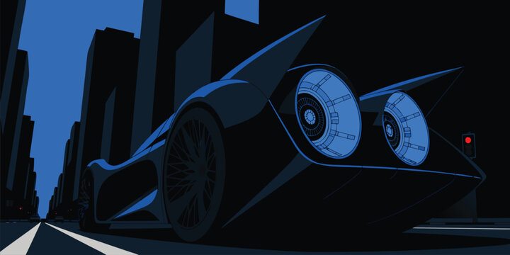 Futuristic black car with glowing blue thrusters on a dark city street at night