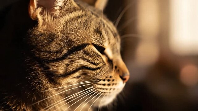 Profile view of a tabby cat in warm natural sunlight.