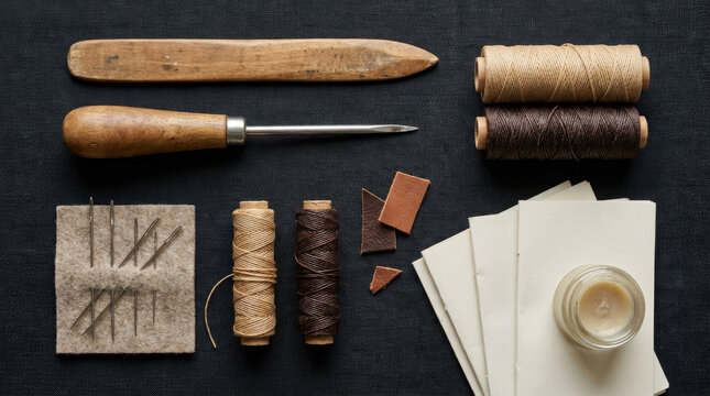 Bookbinding tools and materials including thread, needles, and paper for crafting
