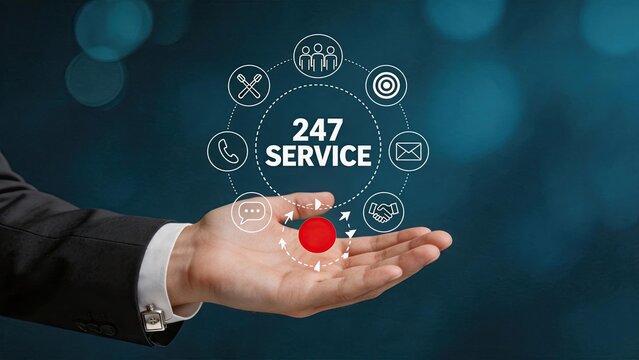 Hand holding 24/7 service support icons concept, customer care assistance available anytime, communication network symbolizing helpdesk hotline email and partnership for business
