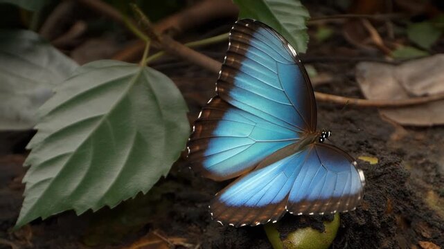 Stunning Blue Morpho butterfly slowly opening and closing its vibrant iridescent wings, resting on a small green fruit on the forest floor