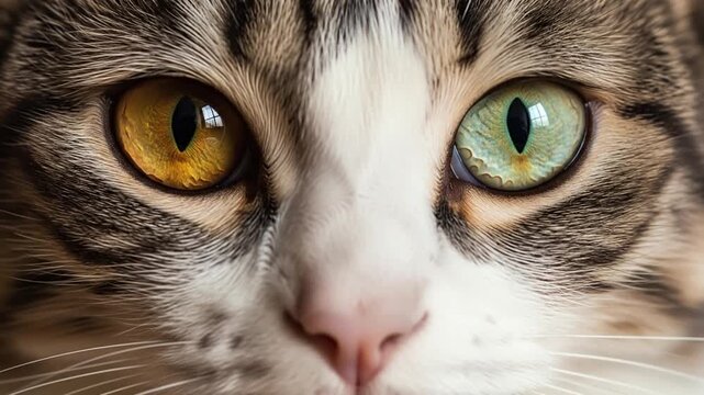 Close up of cat with heterochromia having one green eye and one orange eye.