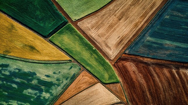83.Overhead perspective of agricultural fields with sharp geometric boundaries, mixed crop colors in green, brown and yellow tones, abstract natural mosaic, clean composition, high resolution aerial