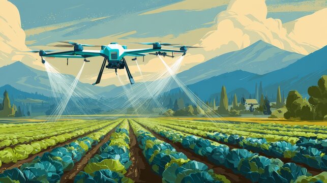 46.Flat style illustration of agricultural drone flying above neat rows of cabbage, spraying water or nutrients, mountain landscape in background, clean shapes and modern farming concept