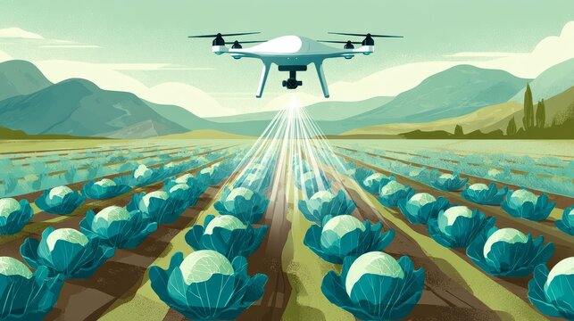 46.Flat style illustration of agricultural drone flying above neat rows of cabbage, spraying water or nutrients, mountain landscape in background, clean shapes and modern farming concept