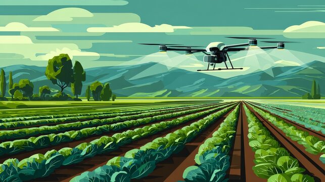46.Flat style illustration of agricultural drone flying above neat rows of cabbage, spraying water or nutrients, mountain landscape in background, clean shapes and modern farming concept