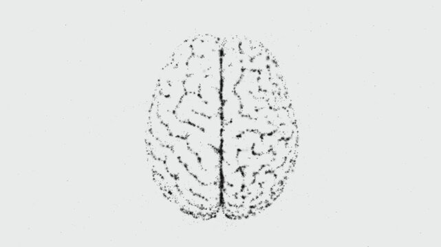 4K abstract human brain top view forming from black particles with disintegration effect on white background for ai technology motion graphics.
